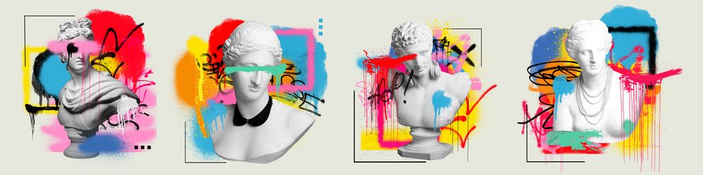 Set of antique statue busts over light background with colorful graffiti art. Street style. Contemporary art collage. Concept of postmodern, creativity, imagination, pop art. Creative design